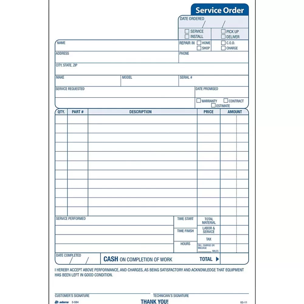 Adams 3-Part Carbonless Work Orders, 5-2/3" x 9", 250 Sets/Book (3-584) New