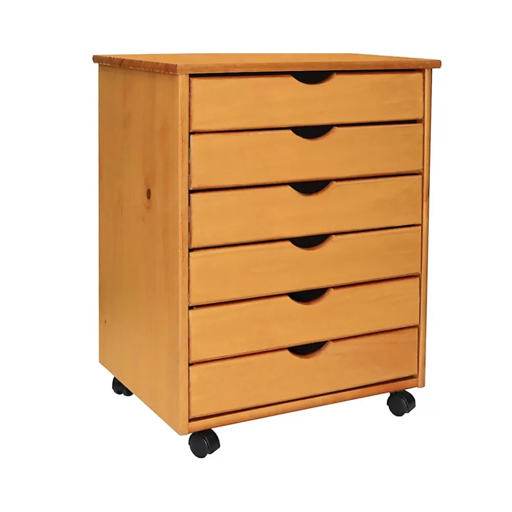 Adeptus 25.43" Solid Pine Roll Cart with 6 Drawers, Medium Pine (76152) Cheap