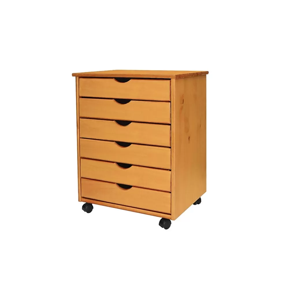 Adeptus 25.43" Solid Pine Roll Cart with 6 Drawers, Medium Pine (76152) Cheap