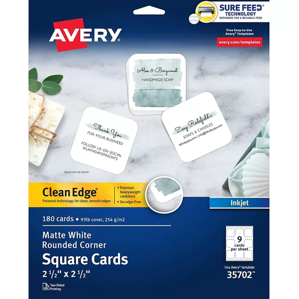 Avery Clean EdgeBusiness Cards, 2.5" x 2.5", White, 9 Cards/Sheet, 180 Cards/Pack (35702) Online