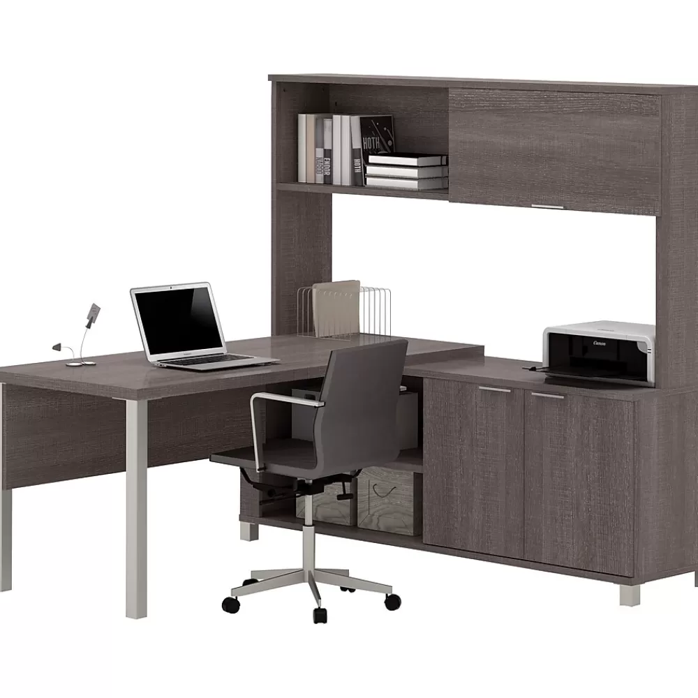 bestar Pro-Linea L-Desk with Hutch, Bark Grey (120864-47) Cheap