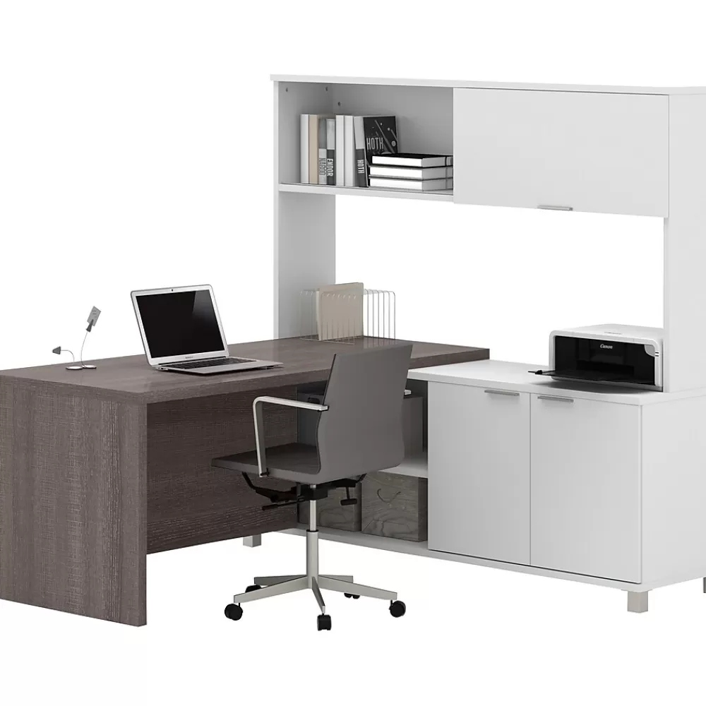 bestar Pro-Linea L-Desk with Hutch, White/Bark Grey (120884-47) Shop