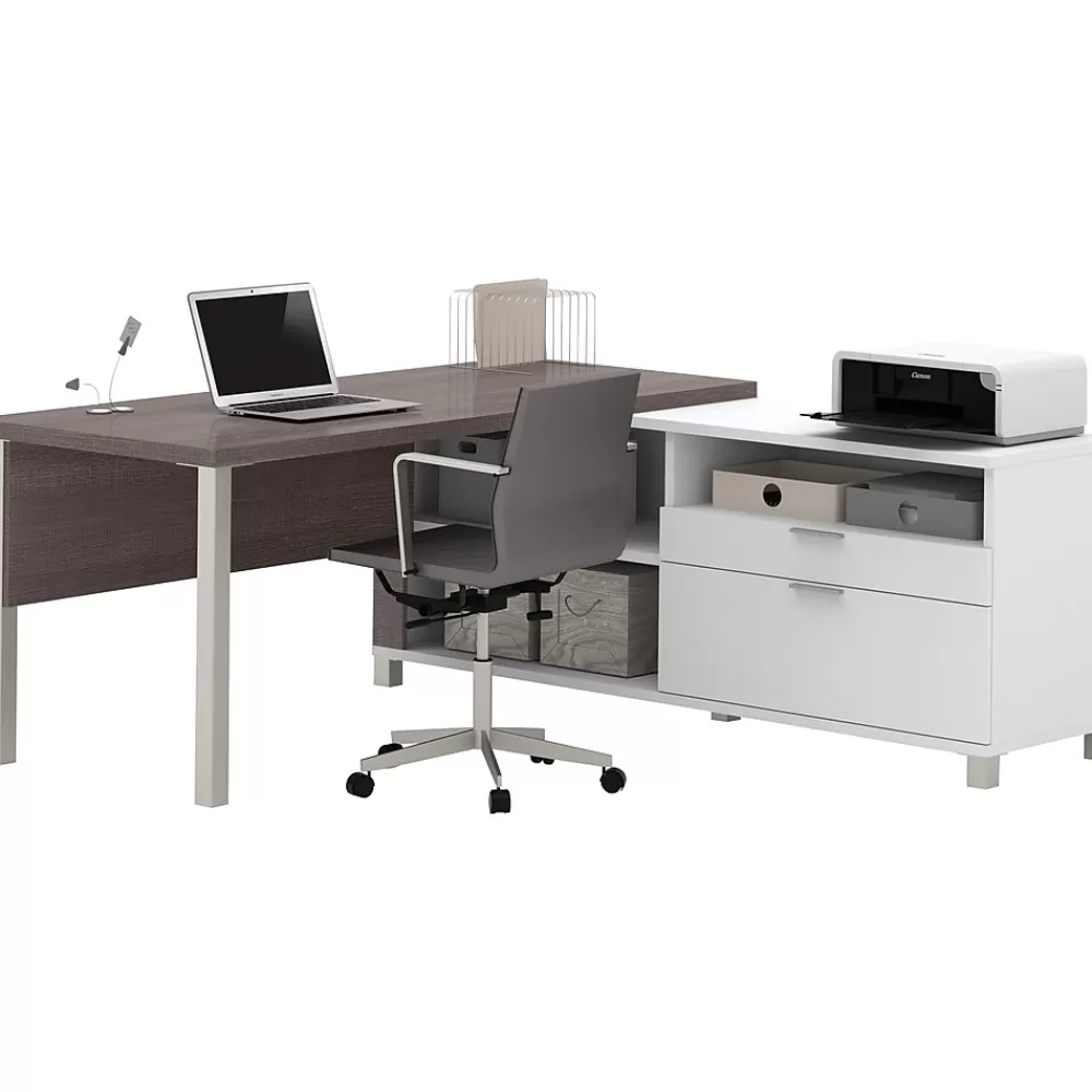 bestar Pro-Linea 71"W L-Desk, White & Bark Grey (120883-47) New