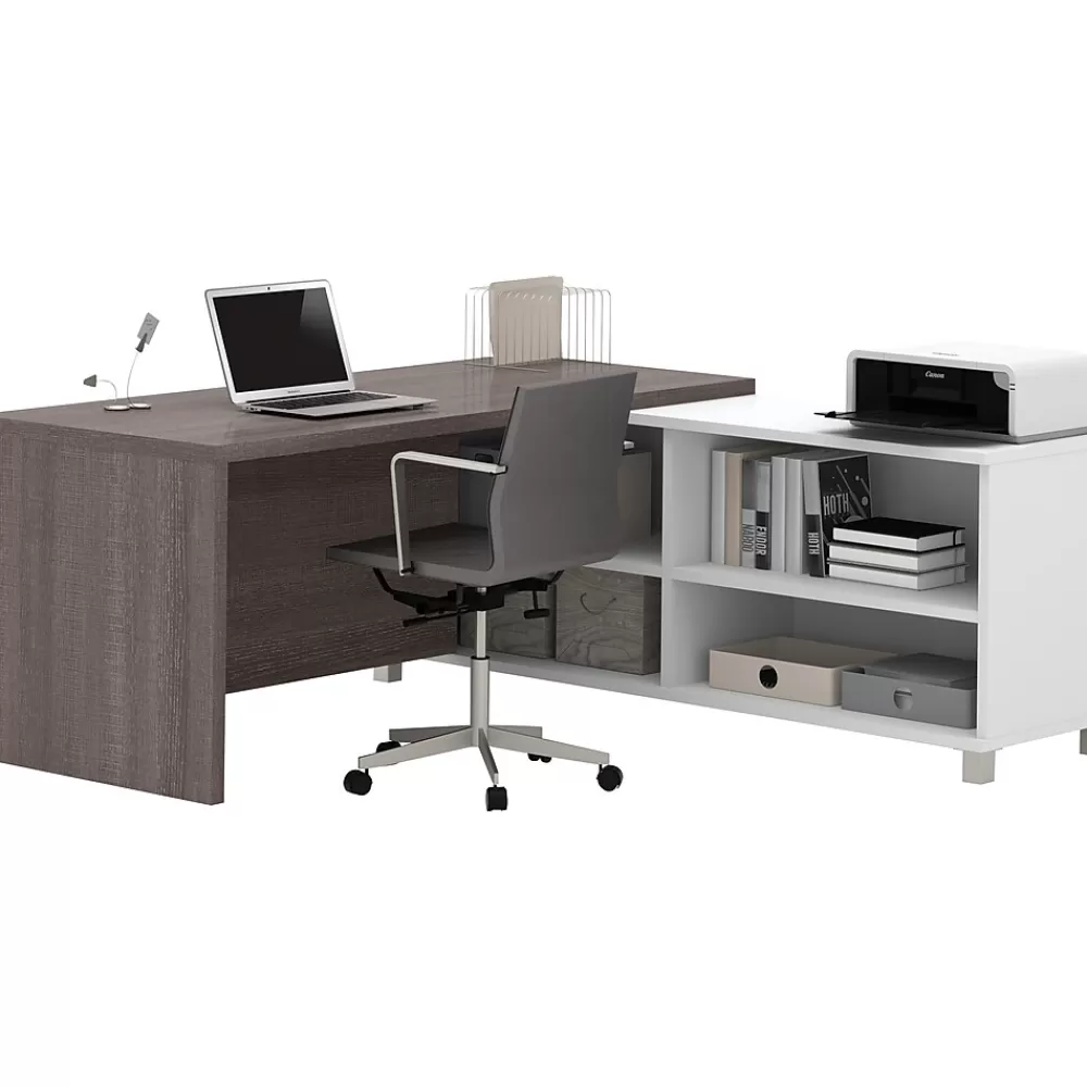 bestar Pro-Linea 71"W L-Desk, White & Bark Grey (120885-47) Outlet