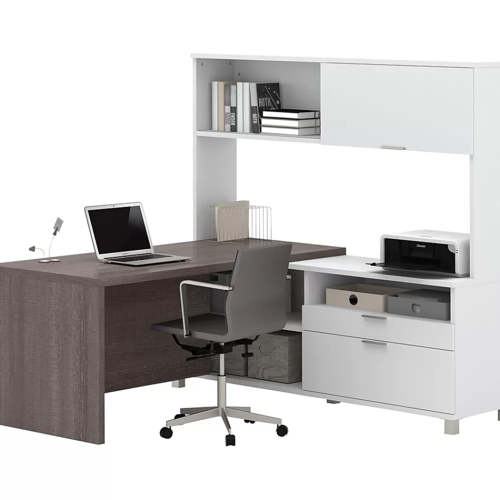 bestar Pro-Linea 71"W L-Desk with Hutch, White & Bark Grey (120882-47) Hot