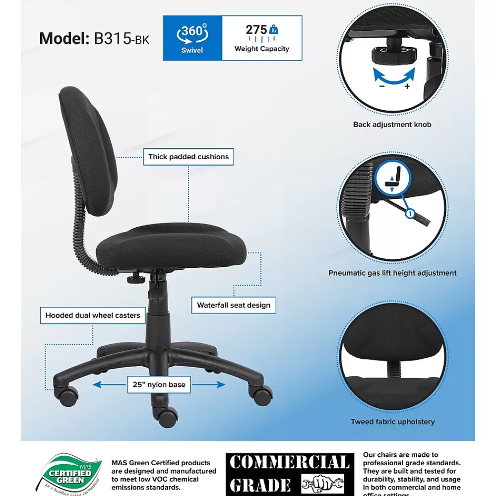 Boss Office Products Boss Armless Ergonomic Fabric Swivel Task Chair, Black (B315-BK) Best Sale