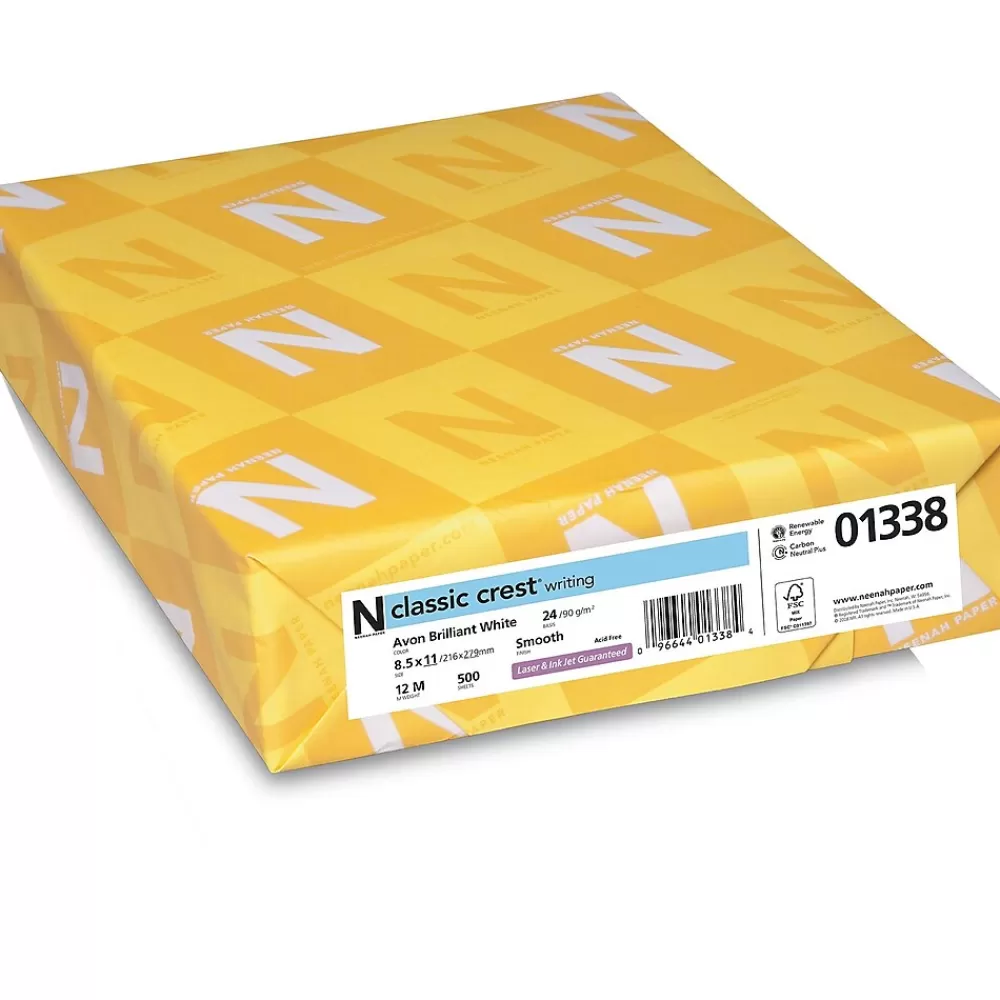 Neenah Paper CLASSIC CREST® Writing Paper, 8 1/2" x 11", 24 lb., Smooth Finish, Avon Brilliant White, 500/Ream (01338) New