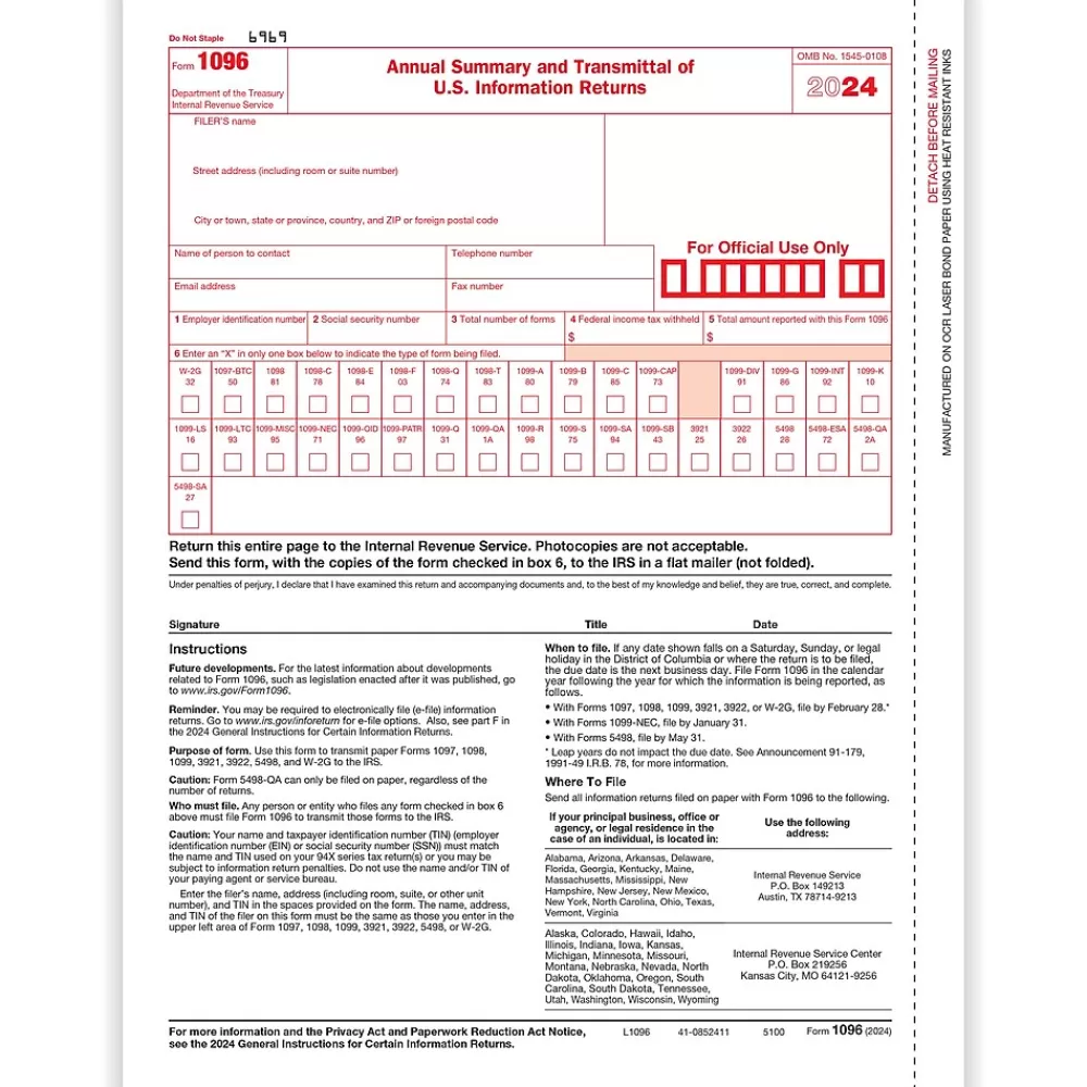 ComplyRight 2024 1096 Tax Form, 1-Part, Transmittal, 25/Pack (510025) Clearance