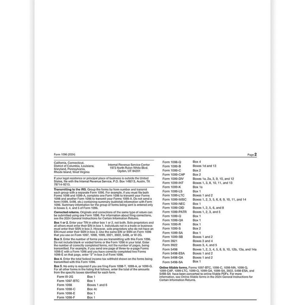 ComplyRight 2024 1096 Tax Form, 1-Part, Transmittal, 25/Pack (510025) Clearance