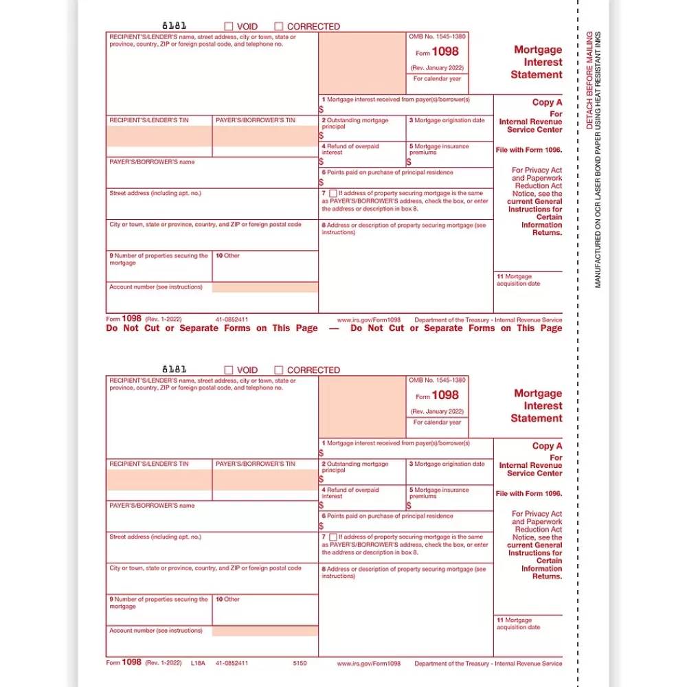 ComplyRight 2024 1098 Tax Form, 1-Part, 2-Up, Copy A, 25/Pack (515025) Hot