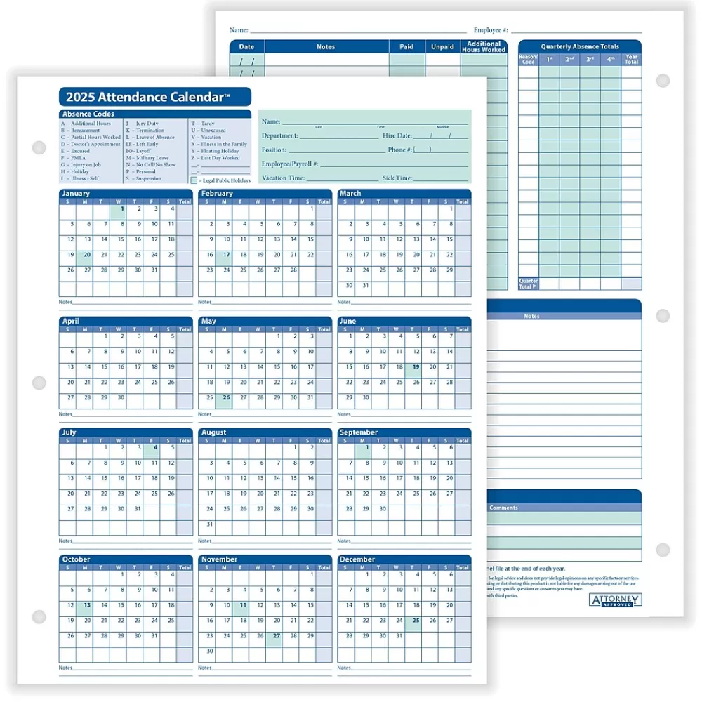 ComplyRight 2025 Attendance Calendar Card, 50 Forms/Pack (A4000W50) Cheap