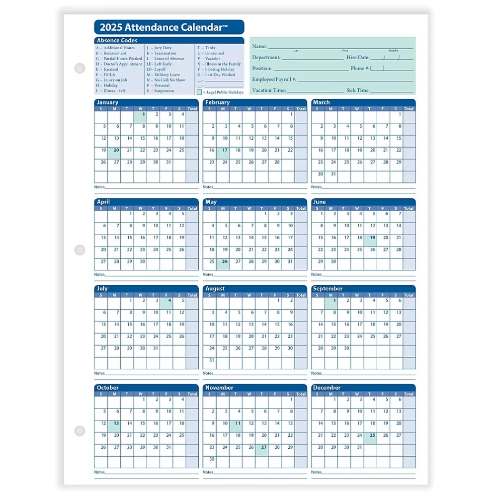 ComplyRight 2025 Attendance Calendar Card, 25 Forms/Pack (A4000W25) Sale