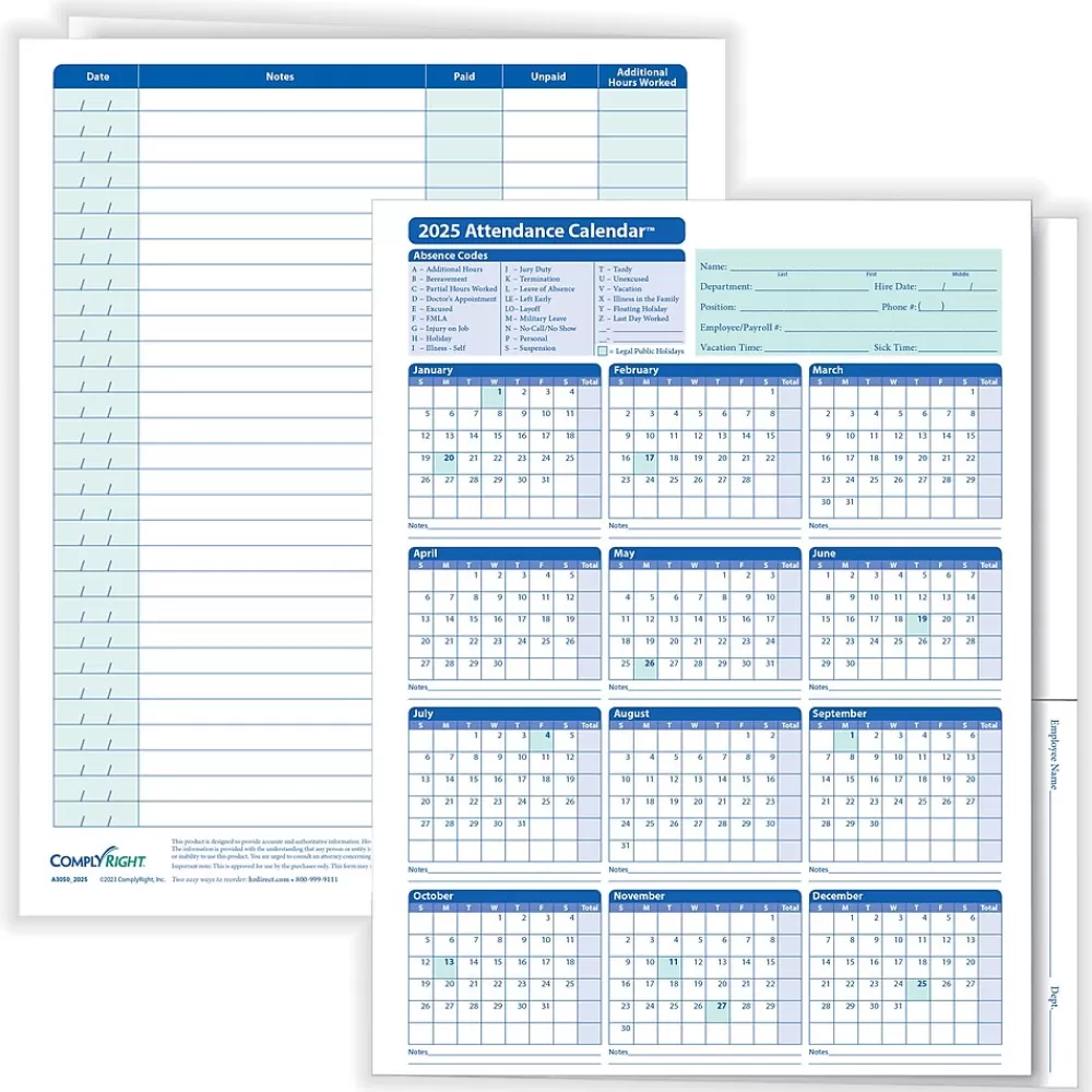 ComplyRight 2025 Attendance Calendar File Folder, 25 Forms/Pack (A3050) Discount