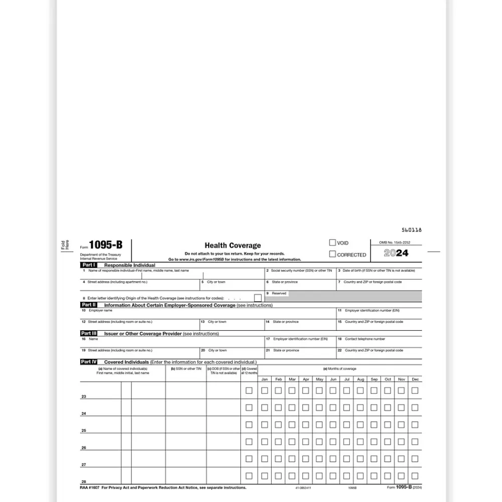 ComplyRight 2024 1095-B Tax Form, 1-Part, White/Black, 500/Pack (1095B500) New