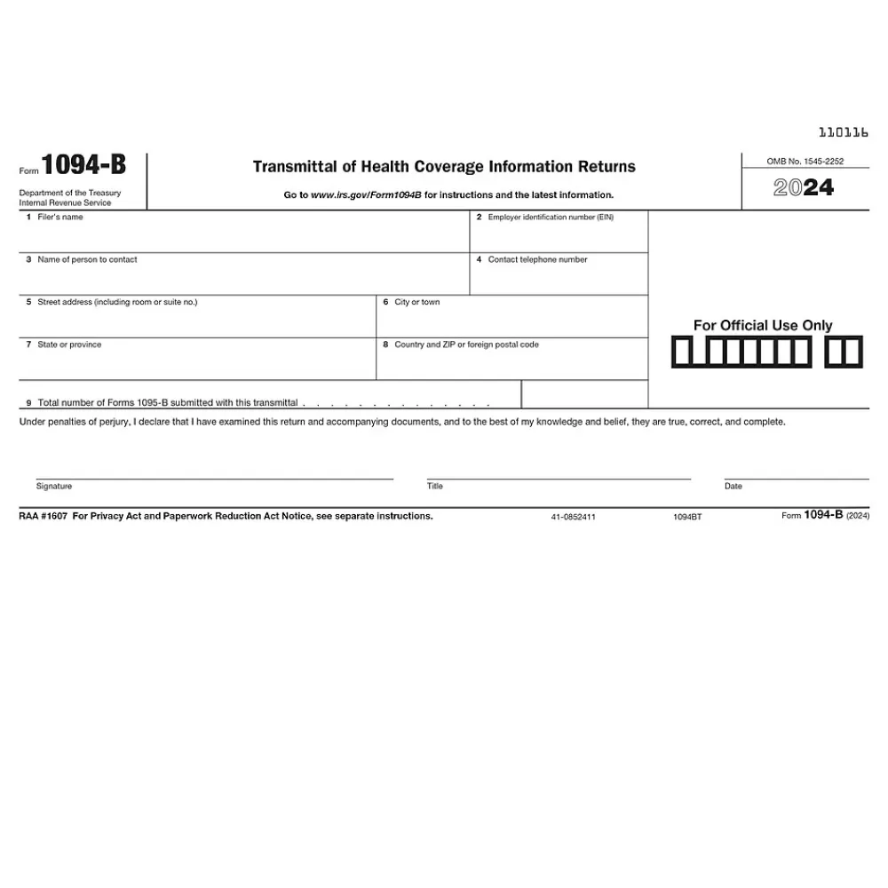 ComplyRight 2024 1094-B Tax Form, 1-Part, White/Black, 50/Pack (1094BT50) Hot