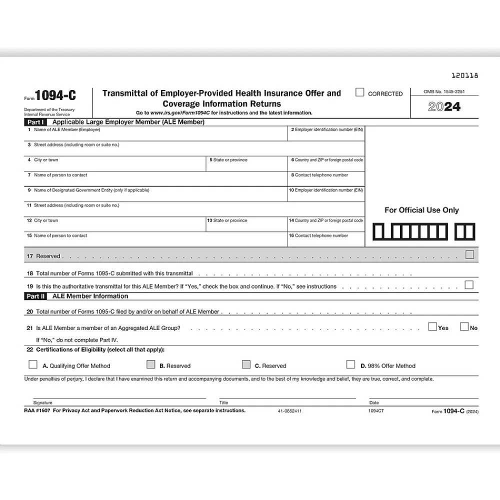 ComplyRight 2024 1094-C Tax Form, 1-Part, White/Black, 50/Pack (1094CT50) Shop