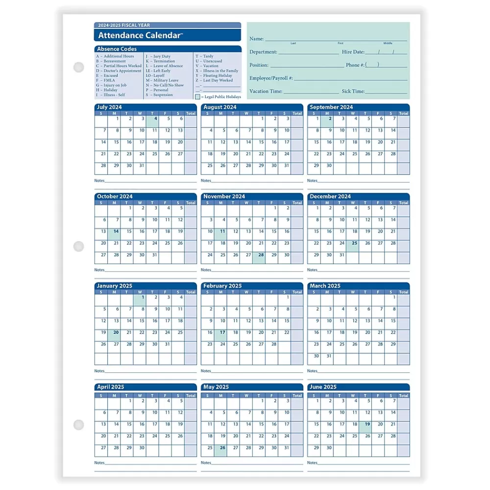 ComplyRight 2024-2025 Fiscal Attendance Calendar, 50/Pack (A42005015) Online