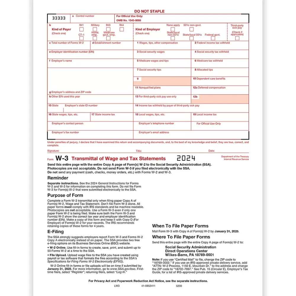 ComplyRight 2024 W-3 Tax Form, 1-Part, Transmittal, 25/Pack (520025) Clearance