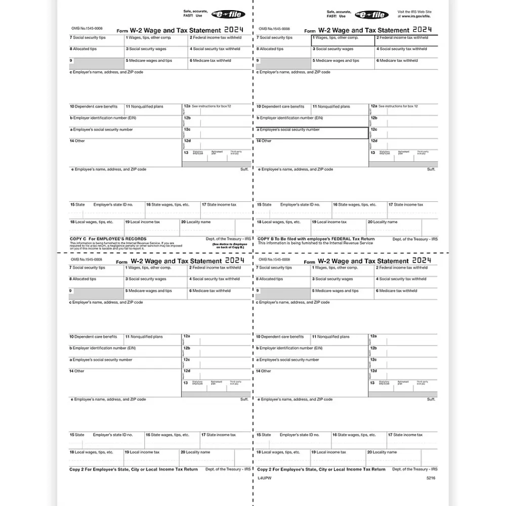 ComplyRight 2024 W-2 Tax Form, 1-Part, 4-Up, 50/Pack (521650) Hot