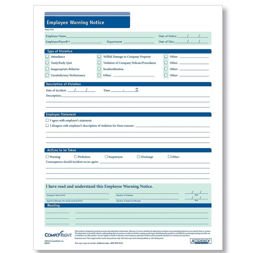 ComplyRight Employee Warning Notice, Pack of 50 (A2311) Best