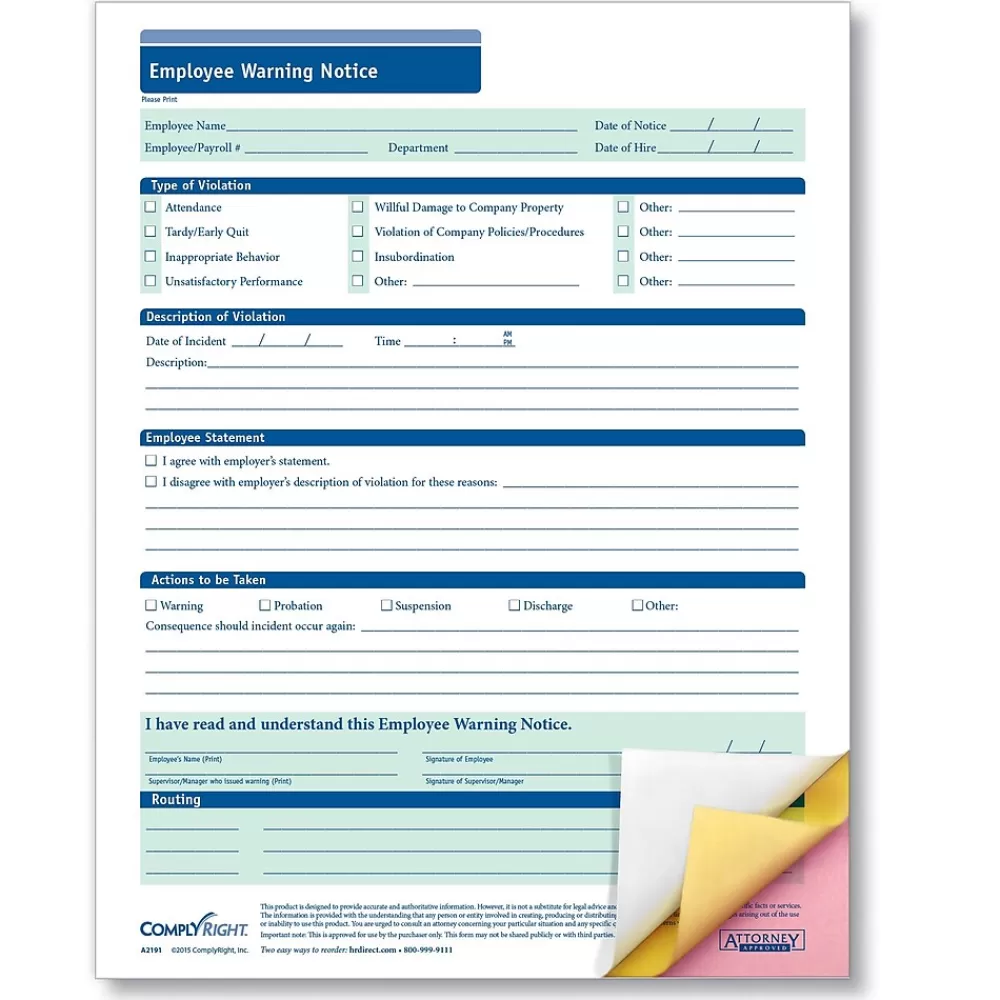 ComplyRight 3-Part Employee Warning Notice, Carbonless, Pack of 50 (A2191) Best