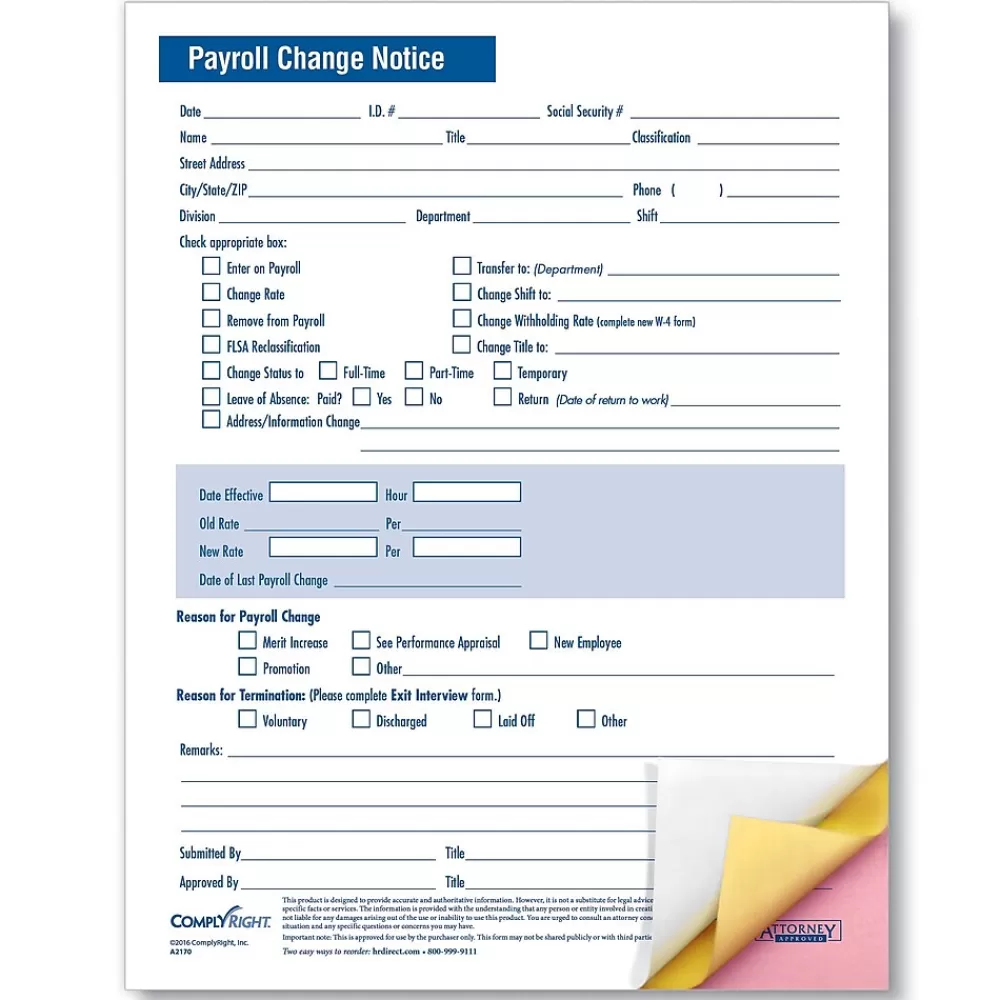 ComplyRight Payroll Change Notice, 3-Part, Pack of 50 (A2170) Clearance