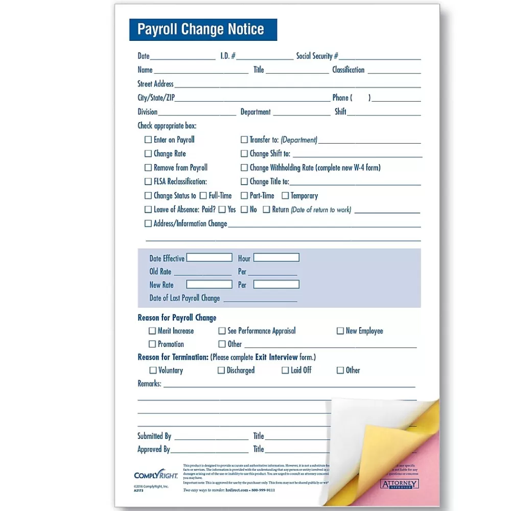 ComplyRight Payroll Change Notice, 3-Part, Small, Pack of 50 (A2173) Flash Sale