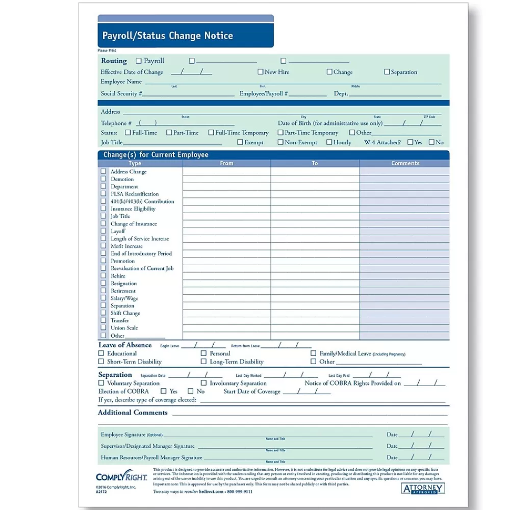 ComplyRight Payroll Status Change Notice, Pack of 50 (A2172) Best