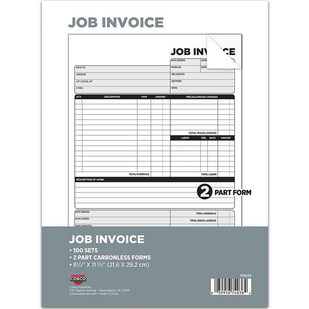 Cosco 2-Part Carbonless Job Invoice, 8.5" x 11.5", 100 Sets/Book (074036PK5) Online