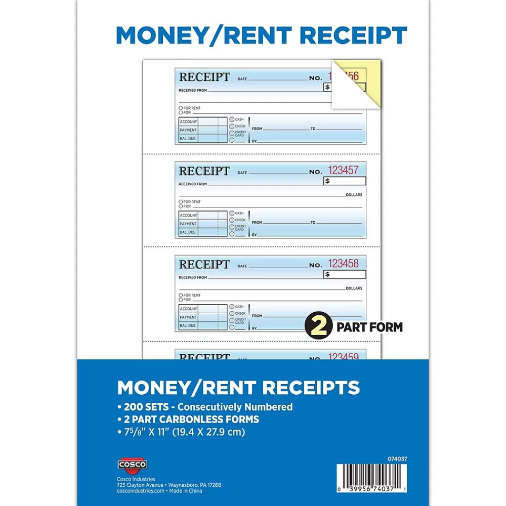 Cosco 2-Part Carbonless Receipts, 7.63" x 11", 200 Sets/Book (074037PK2) New