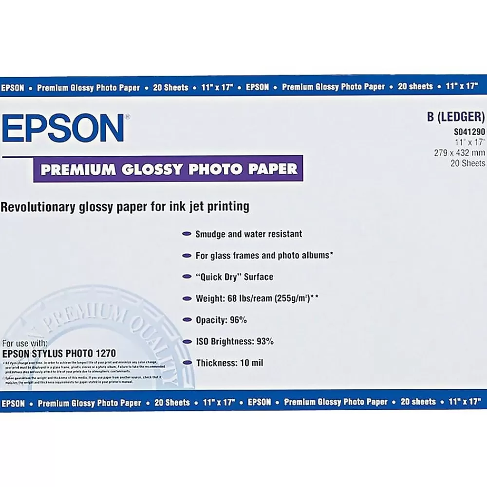 Epson Premium Glossy Photo Paper, 11" x 17", 20 Sheets/Pack (EPSS041290) Hot