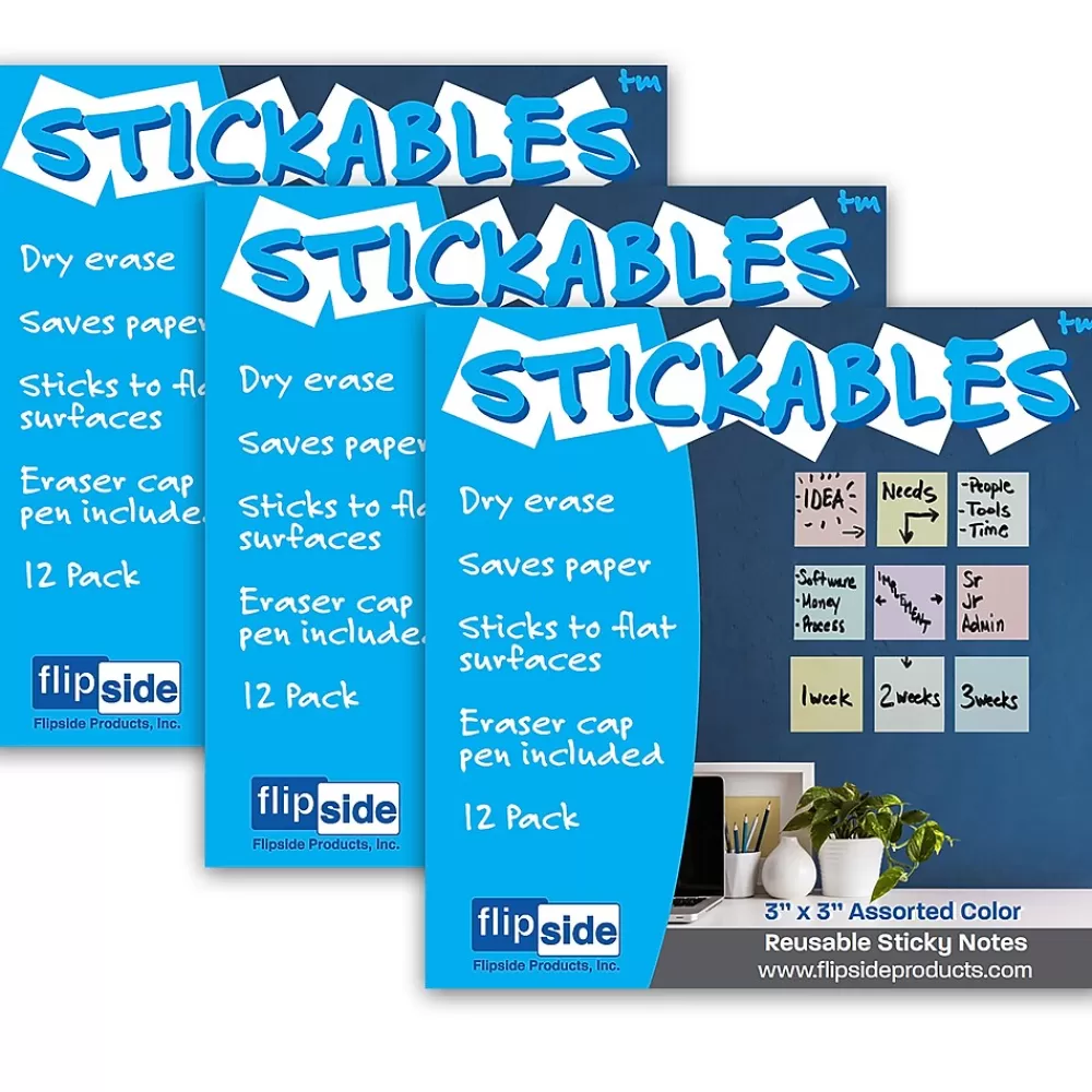 Flipside Products Dry Erase Stickables with Dry Erase Marker, Assorted Pastel Colors, 3" x 3", 12 Per Pack, 3 Packs (FLP94433-3) New