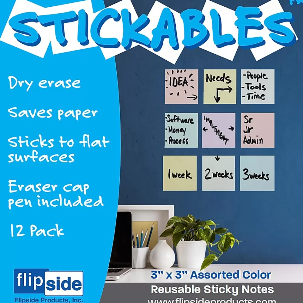 Flipside Products Dry Erase Stickables with Dry Erase Marker, Assorted Pastel Colors, 3" x 3", 12 Per Pack, 3 Packs (FLP94433-3) New