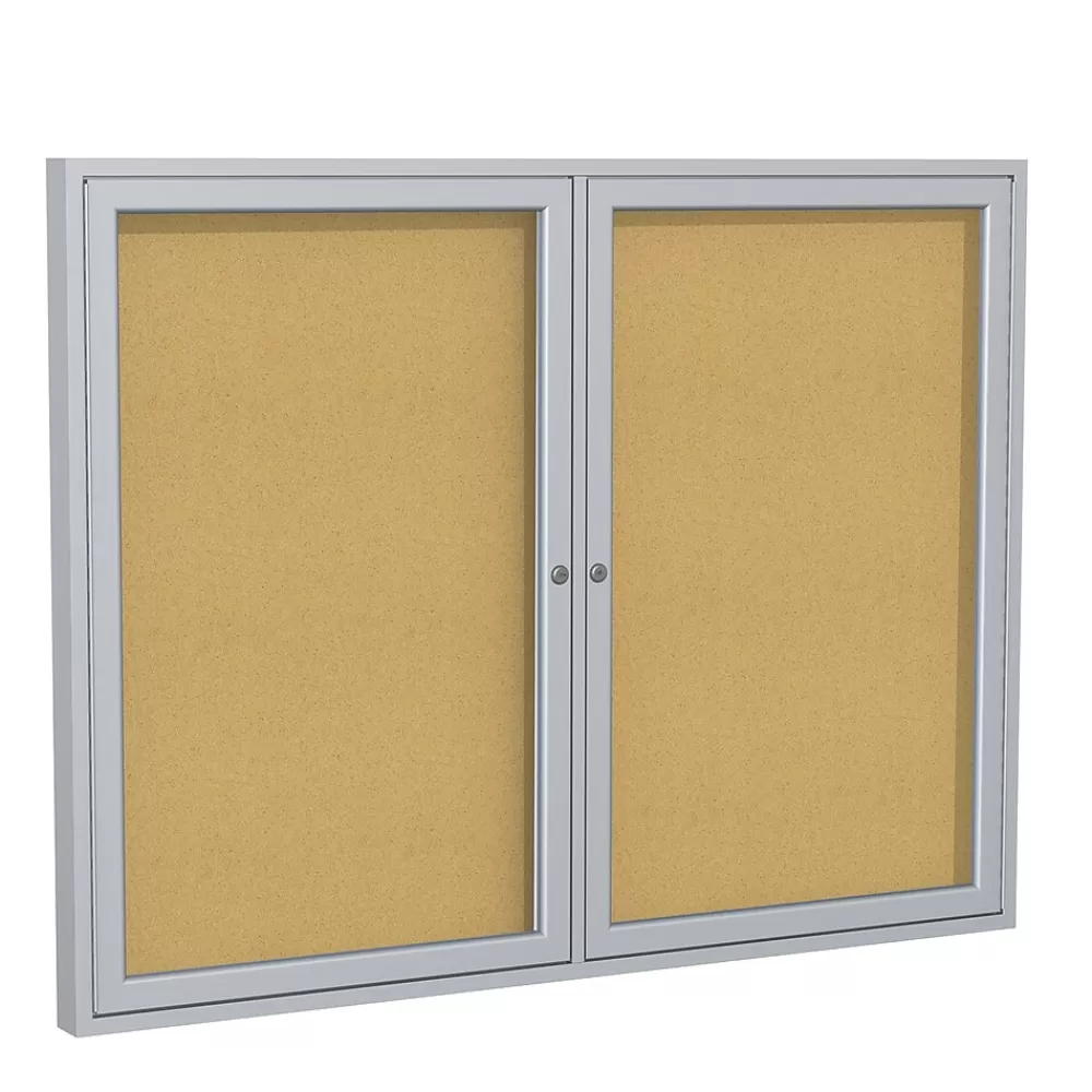 Ghent 4' H x 5' W Enclosed Natural Cork Bulletin Board with Satin Frame, 2 Door (PA24860K) Sale
