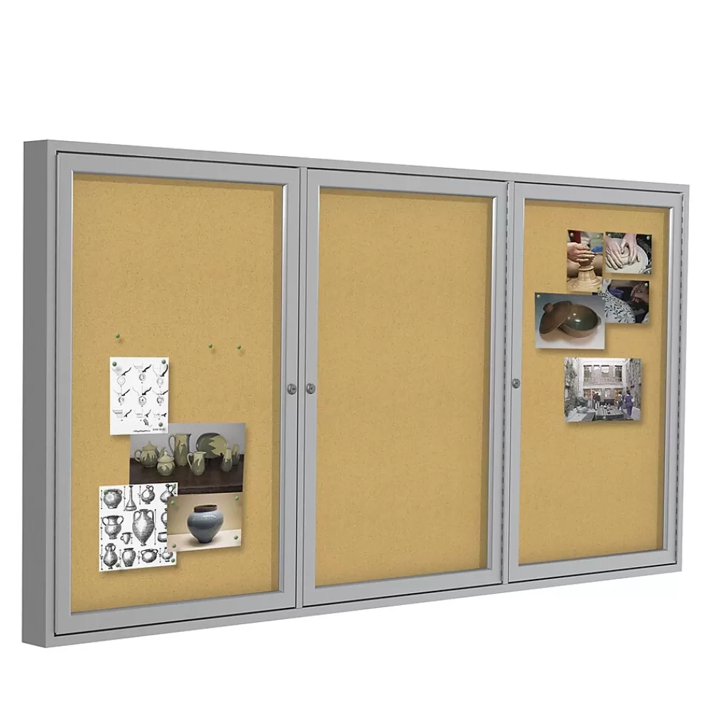 Ghent 4' H x 6' W Enclosed Natural Cork Bulletin Board with Satin Frame, 3 Door (PA34872K) Flash Sale