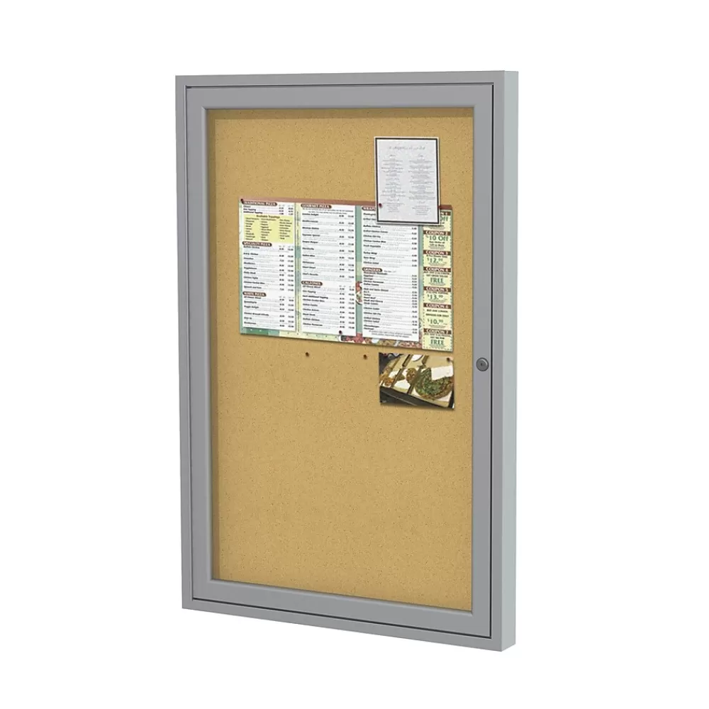 Ghent 36" H x 30" W Enclosed Natural Cork Bulletin Board with Satin Frame, 1 Door (PA13630K) Cheap