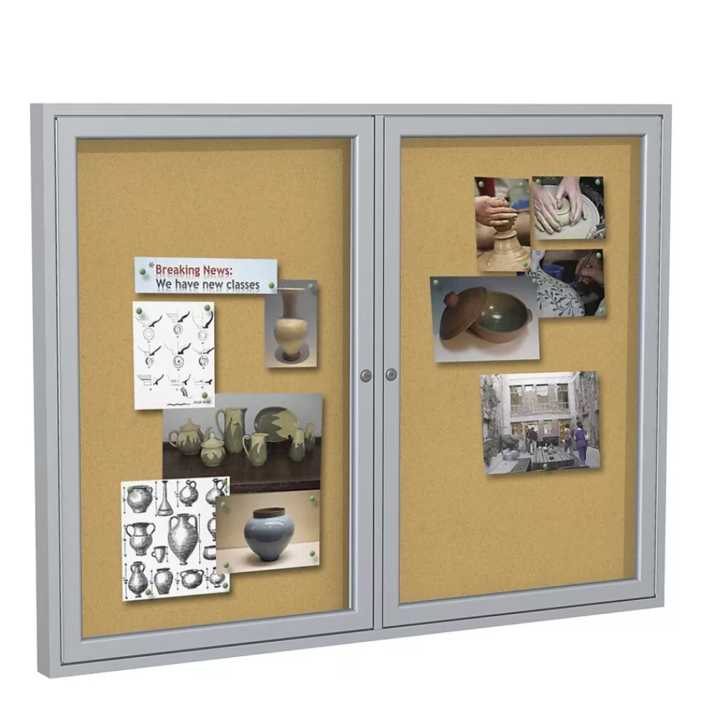 Ghent 4' H x 5' W Enclosed Natural Cork Bulletin Board with Satin Frame, 2 Door (PA24860K) Sale