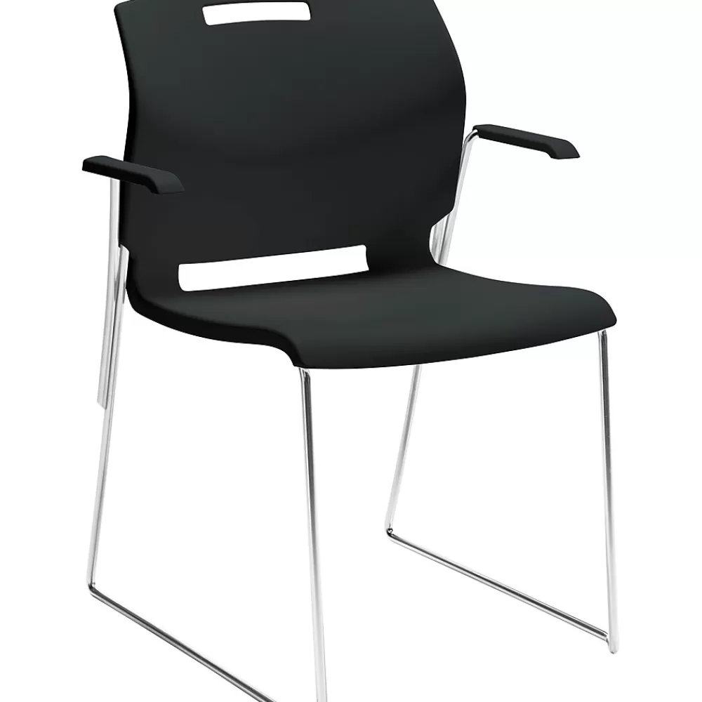 Global Popcorn Stack Chair with Arms, Plastic, Asphalt Black, Seat: 18"W x 18"D , Back: 19.5"W x 16"H Discount