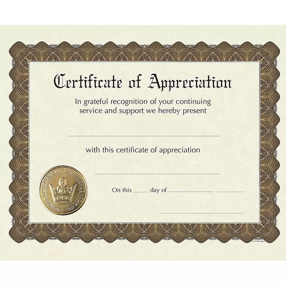 Great Papers ® Appreciation Stock Foil Certificate, 11" x 8.5", 6/Pack (93000) New