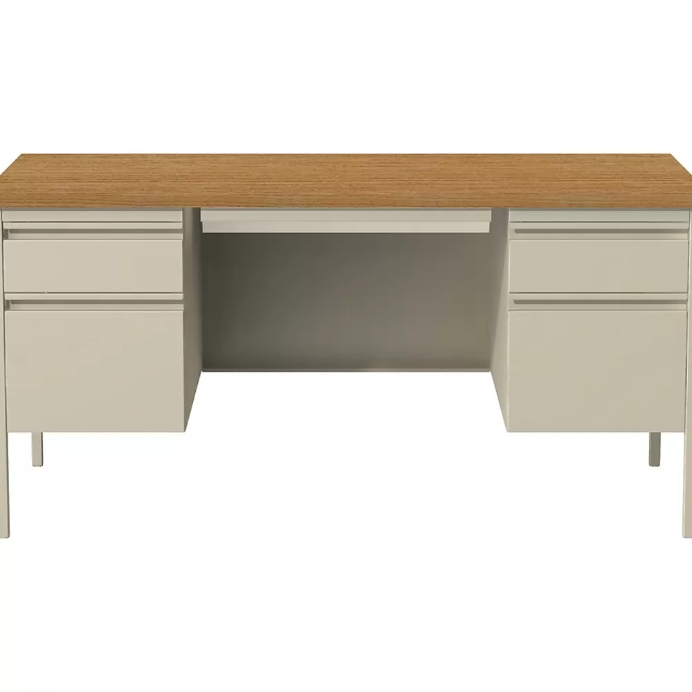 Hirsh 60"W Double-Pedestal Computer Desk, Putty/Oak (20100) Store