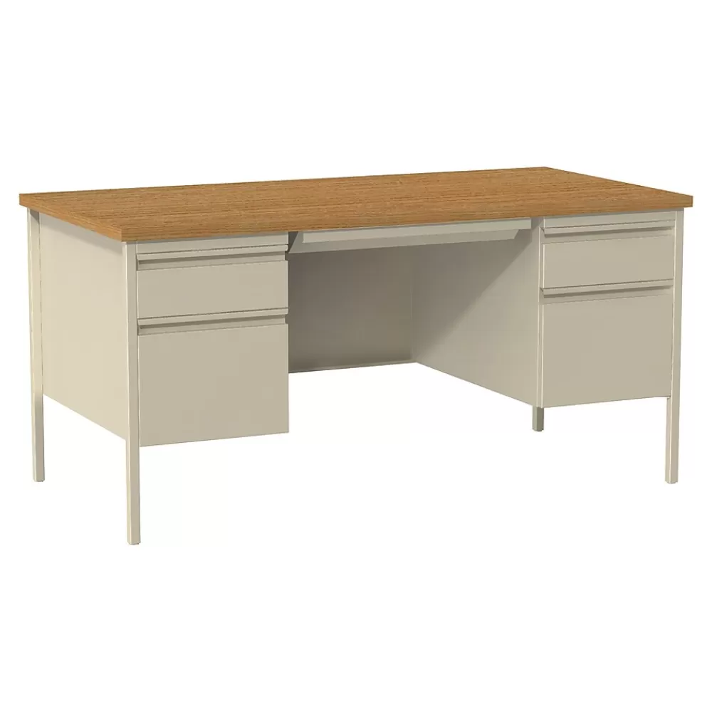 Hirsh 60"W Double-Pedestal Computer Desk, Putty/Oak (20100) Store