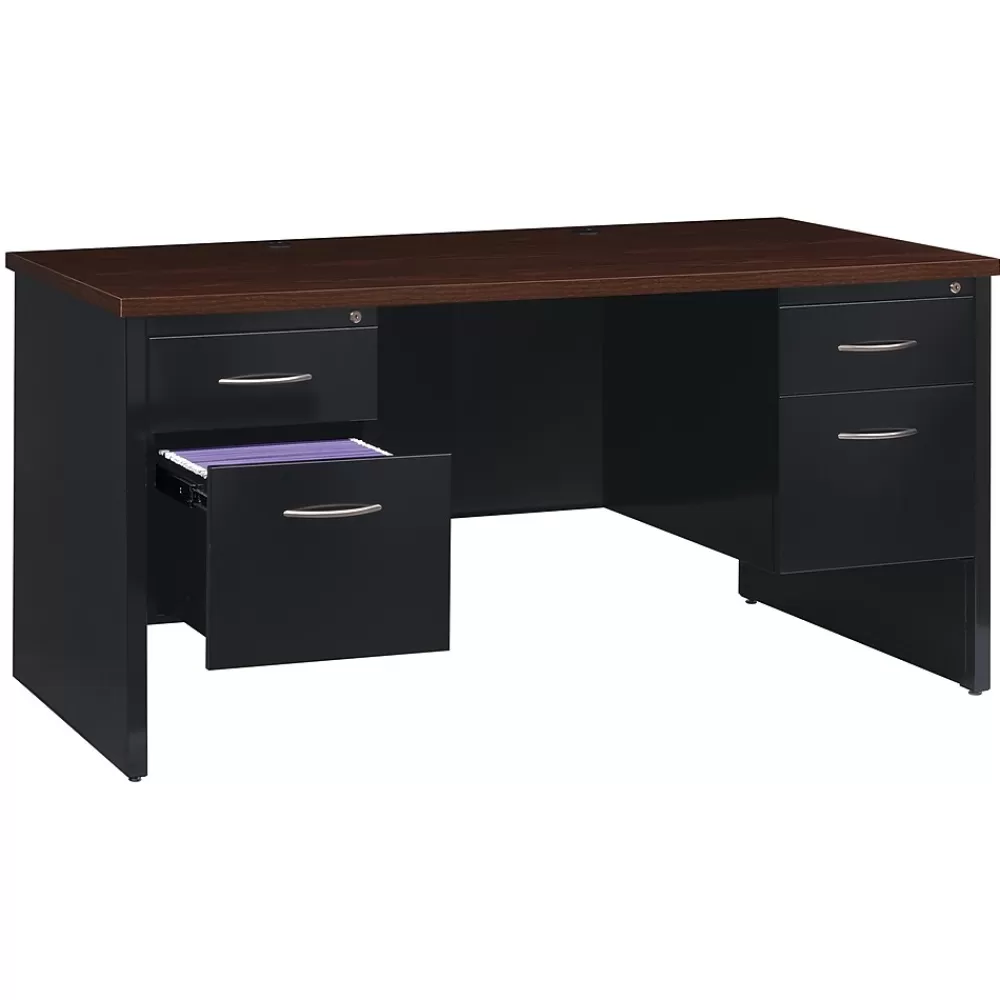 Hirsh 60"W Double-Pedestal Desk, Black/Walnut (20533) Best Sale