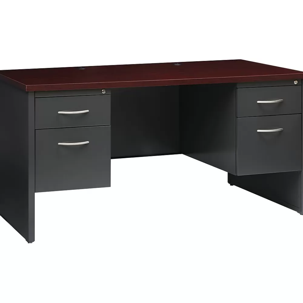 Hirsh 60"W Double-Pedestal Desk, Charcoal/Mahogany (20534) Store