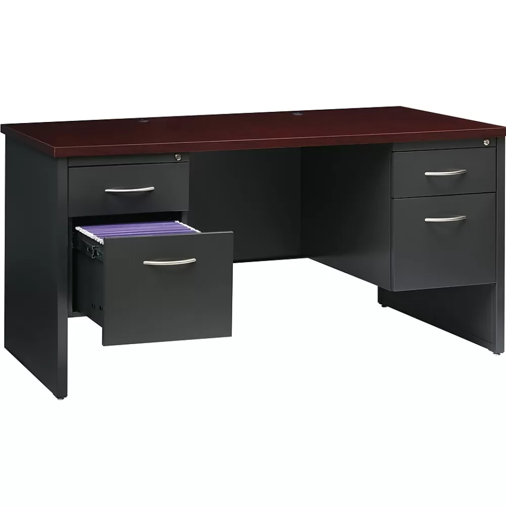 Hirsh 60"W Double-Pedestal Desk, Charcoal/Mahogany (20534) Store