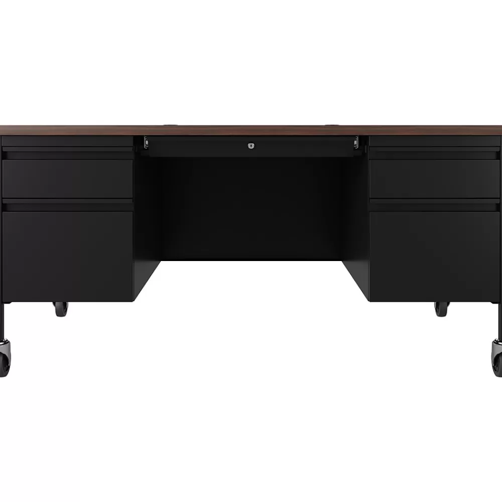 Hirsh 60"W Double-Pedestal Mobile Teacher's Desk, Black/Walnut (22648) Cheap