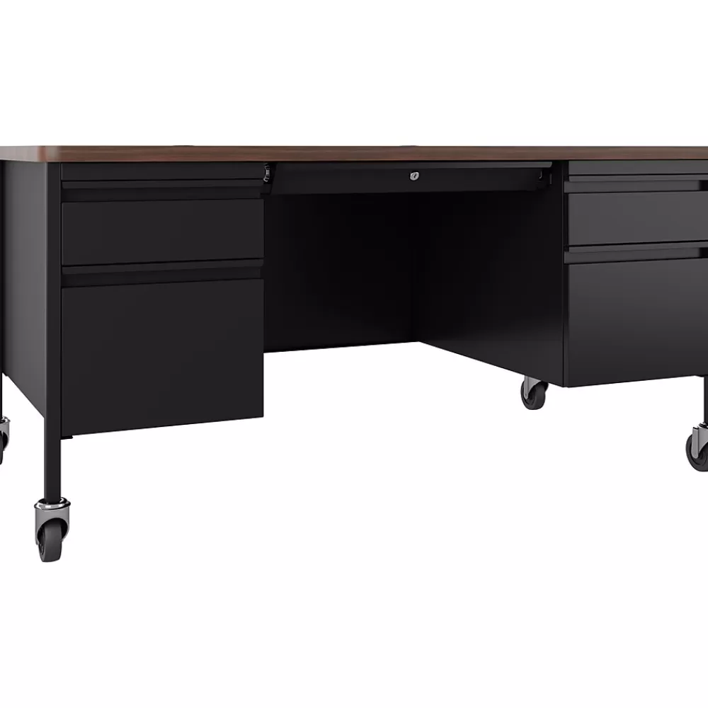 Hirsh 60"W Double-Pedestal Mobile Teacher's Desk, Black/Walnut (22648) Cheap