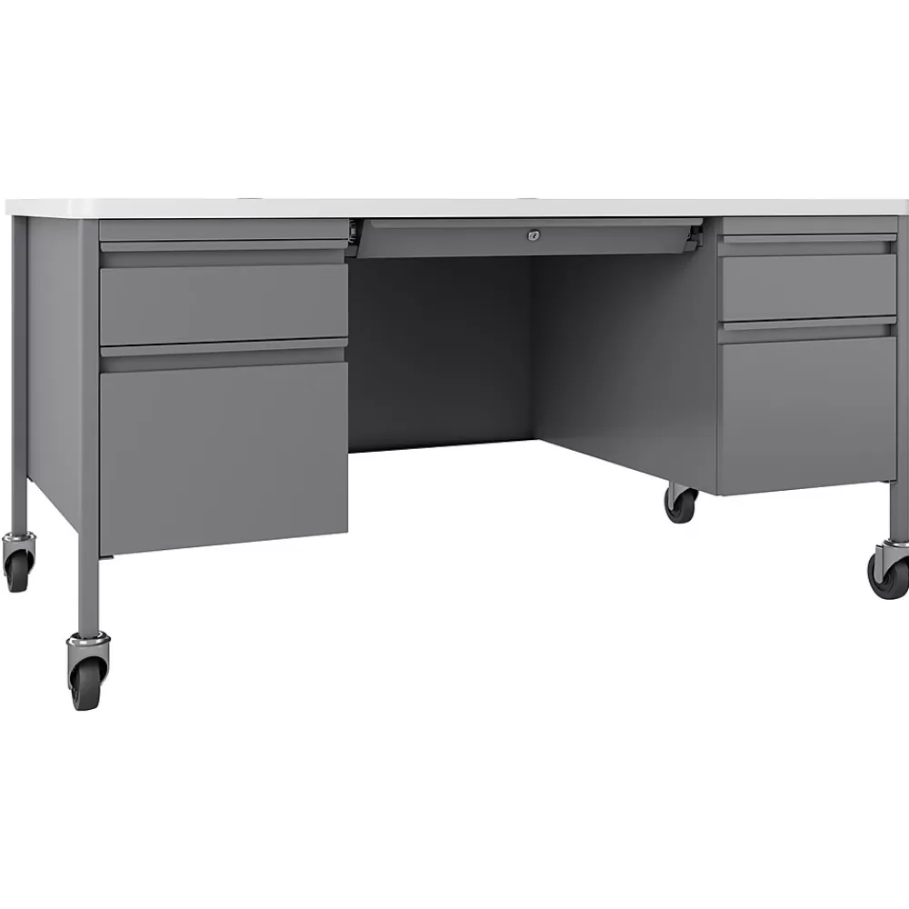 Hirsh 60"W Double-Pedestal Mobile Teacher's Desk, Platinum/White (22649) Best