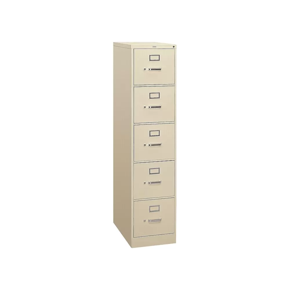 HON 310 Series 5-Drawer Vertical File Cabinet, Letter Size, Lockable, 60"H x 15"W x 26.5"D, Putty (315PL) Clearance