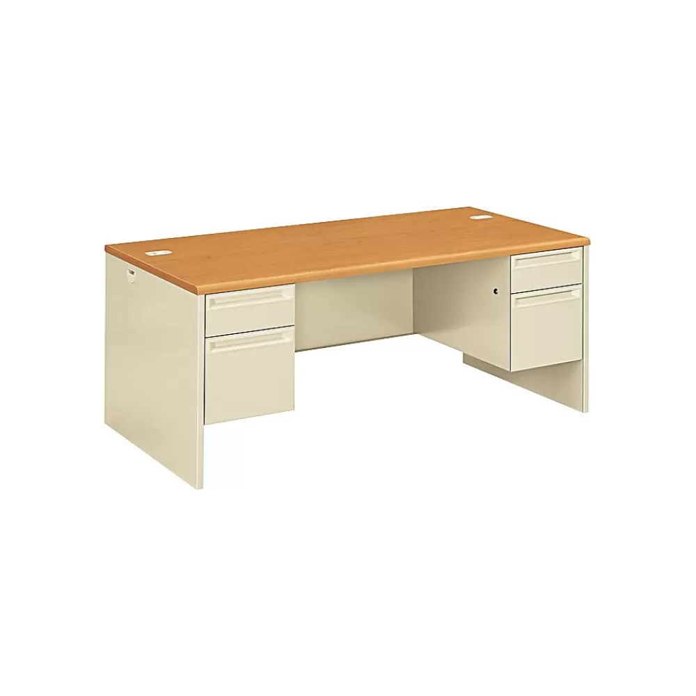 HON 38000 Series 72"W Double Pedestal Desk, Harvest Oak/Putty (38180CL) Flash Sale