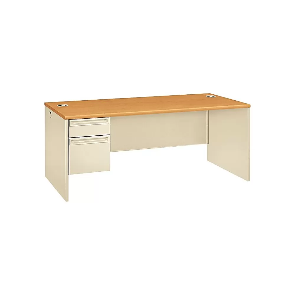 HON 38000 Series 72"W Left-Pedestal Desk, Harvest/Putty (38294LCL) Clearance